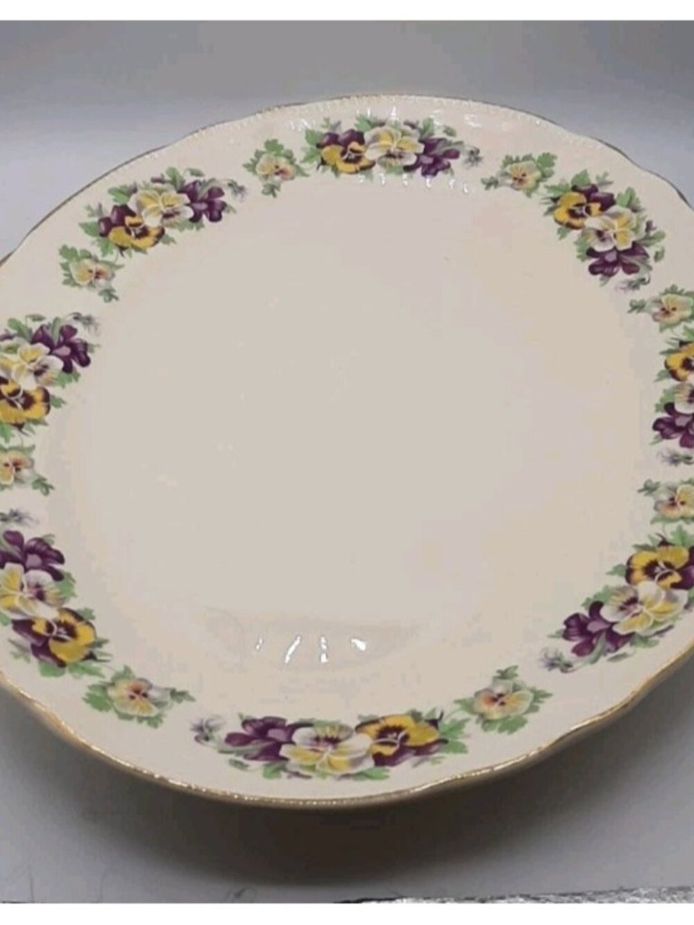 VTG Sovereign Potters Earthenware Pansy Pattern Serving Platter Plate Gold Trim